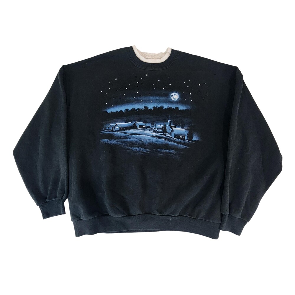 Vintage Morning Sun Sweatshirt Womens Petite Small Night Village Scene Black 90s
